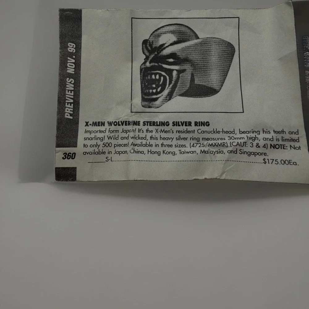 Vtg JAP Inc Marvel Wolverine 925. S. Ring 471/500 Tatsunori Nanzaka W/Box Papers
